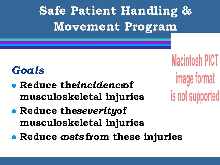 Safe Patient Handling & Movement Program Goals l l l Reduce theincidence of musculoskeletal
