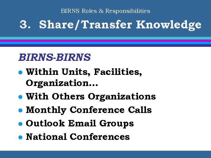BIRNS Roles & Responsibilities 3. Share/Transfer Knowledge BIRNS-BIRNS l l l Within Units, Facilities,