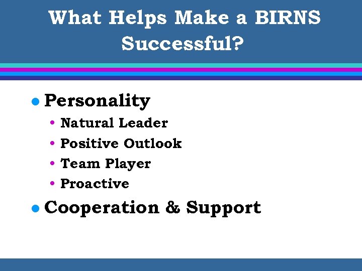 What Helps Make a BIRNS Successful? l Personality • • l Natural Leader Positive