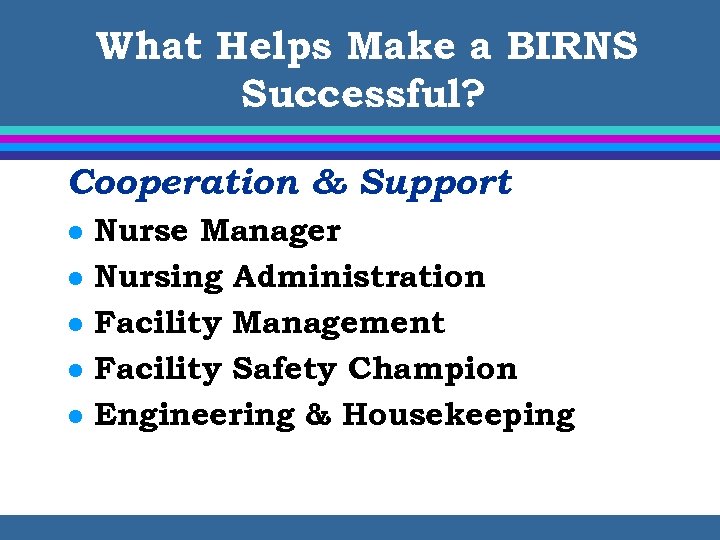 What Helps Make a BIRNS Successful? Cooperation & Support l l l Nurse Manager