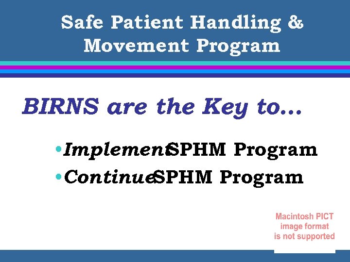 Safe Patient Handling & Movement Program BIRNS are the Key to… • Implement SPHM