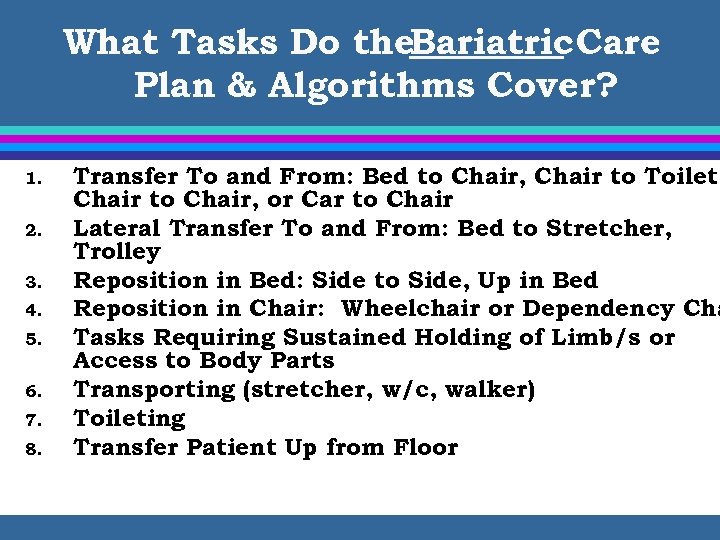 What Tasks Do the. Bariatric Care Plan & Algorithms Cover? 1. 2. 3. 4.