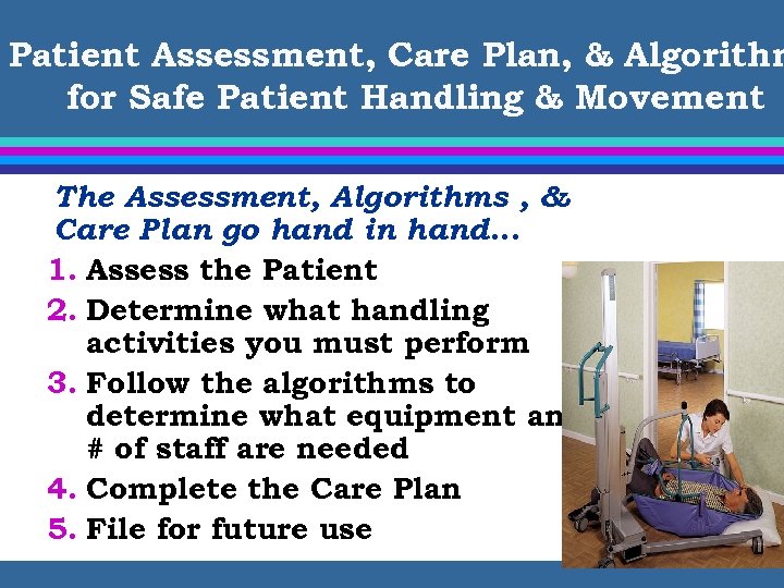 Patient Assessment, Care Plan, & Algorithm for Safe Patient Handling & Movement The Assessment,