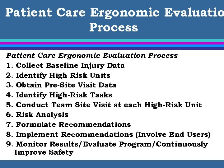 Patient Care Ergonomic Evaluatio Process Patient Care Ergonomic Evaluation Process 1. Collect Baseline Injury