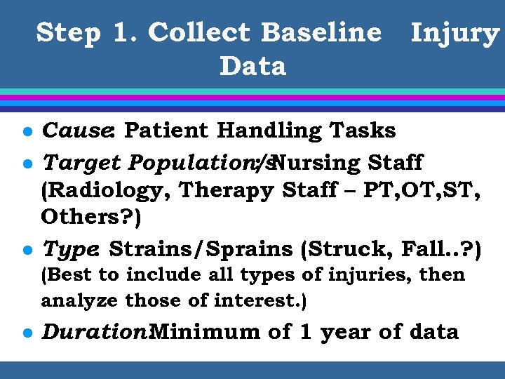 Step 1. Collect Baseline Data l l l Injury Cause: Patient Handling Tasks Target