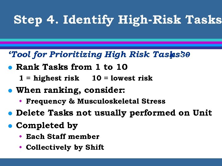 Step 4. Identify High-Risk Tasks ‘Tool for Prioritizing High Risk Tasks’ – p. 30