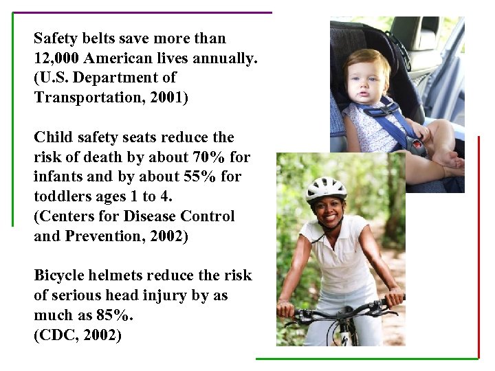 Safety belts save more than 12, 000 American lives annually. (U. S. Department of