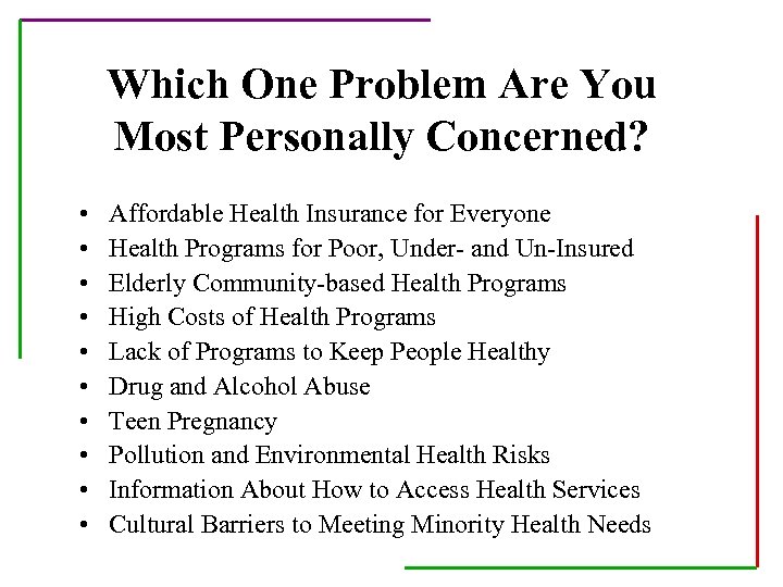 Which One Problem Are You Most Personally Concerned? • • • Affordable Health Insurance
