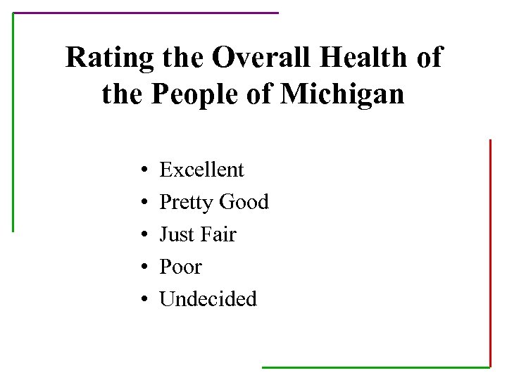 Rating the Overall Health of the People of Michigan • • • Excellent Pretty