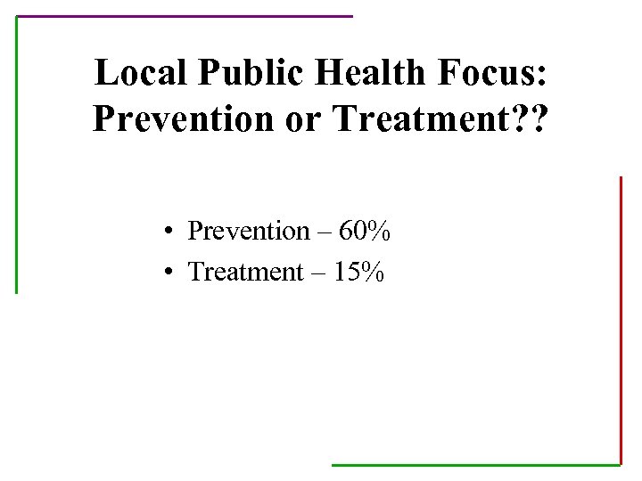 Local Public Health Focus: Prevention or Treatment? ? • Prevention – 60% • Treatment