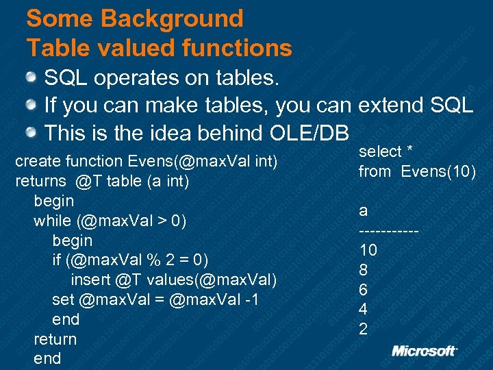 Some Background Table valued functions SQL operates on tables. If you can make tables,