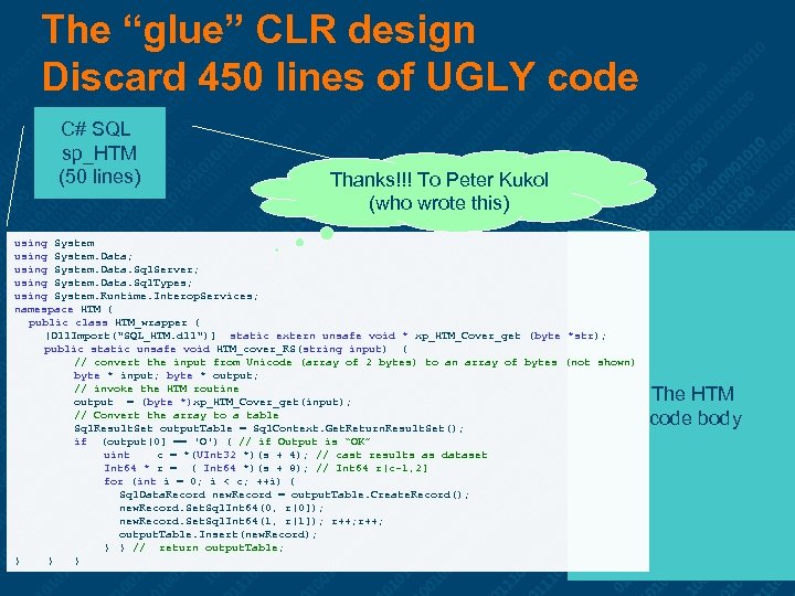 The “glue” CLR design Discard 450 lines of UGLY code C# SQL sp_HTM (50