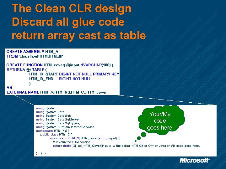 The Clean CLR design Discard all glue code return array cast as table CREATE