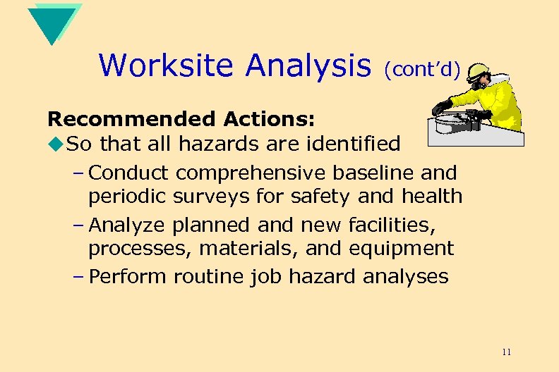 Worksite Analysis (cont’d) Recommended Actions: u. So that all hazards are identified – Conduct