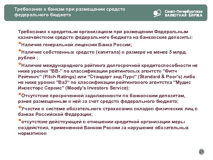 Требования к банкам при размещении средств федерального бюджета Требования к кредитным организациям при размещении