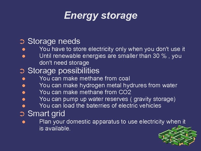 Energy storage ➲ ➲ ➲ Storage needs You have to store electricity only when