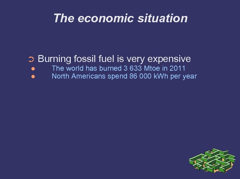 The economic situation ➲ Burning fossil fuel is very expensive The world has burned