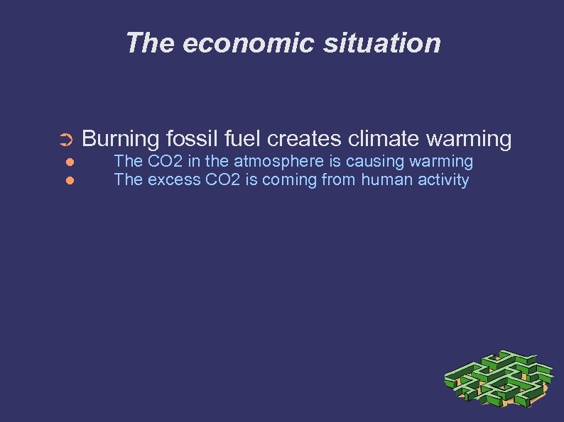 The economic situation ➲ Burning fossil fuel creates climate warming The CO 2 in