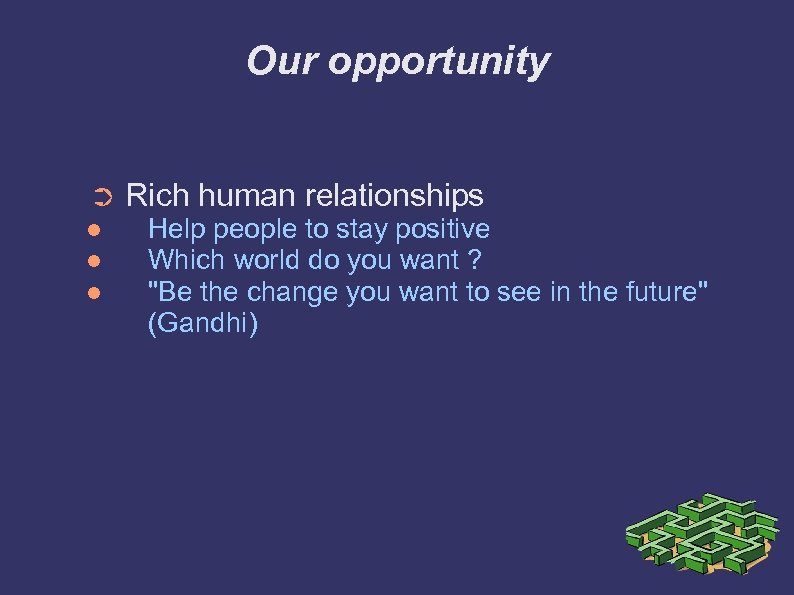 Our opportunity ➲ Rich human relationships Help people to stay positive Which world do