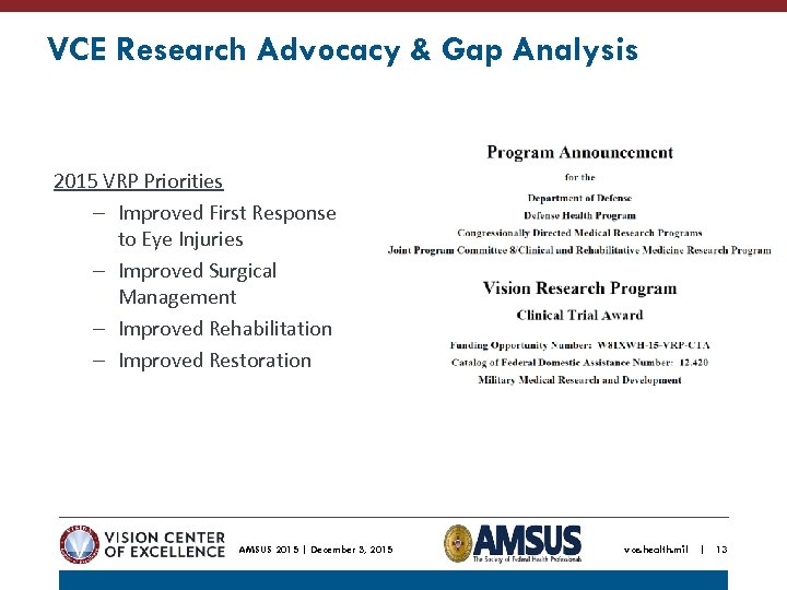 VCE Research Advocacy & Gap Analysis 2015 VRP Priorities – Improved First Response to