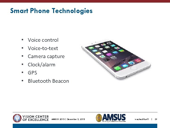 Smart Phone Technologies • • • Voice control Voice-to-text Camera capture Clock/alarm GPS Bluetooth