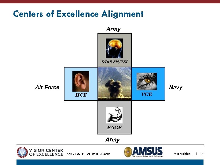 Centers of Excellence Alignment Army DCo. E PH/TBI Air Force Navy VCE HCE EACE