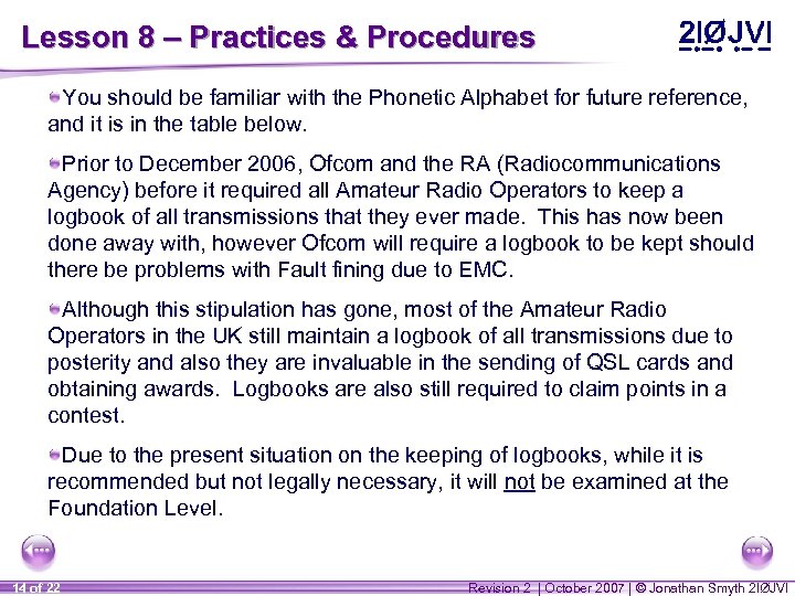 Lesson 8 – Practices & Procedures You should be familiar with the Phonetic Alphabet