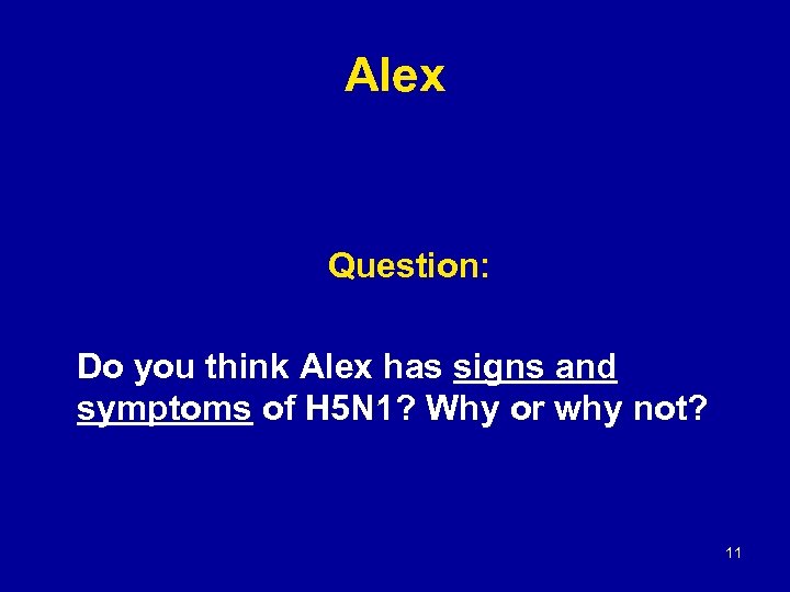 Alex Question: Do you think Alex has signs and symptoms of H 5 N