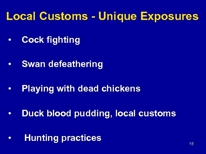 Local Customs - Unique Exposures • Cock fighting • Swan defeathering • Playing with