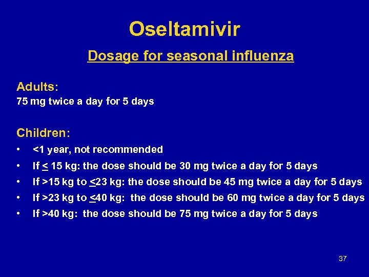 Oseltamivir Dosage for seasonal influenza Adults: 75 mg twice a day for 5 days