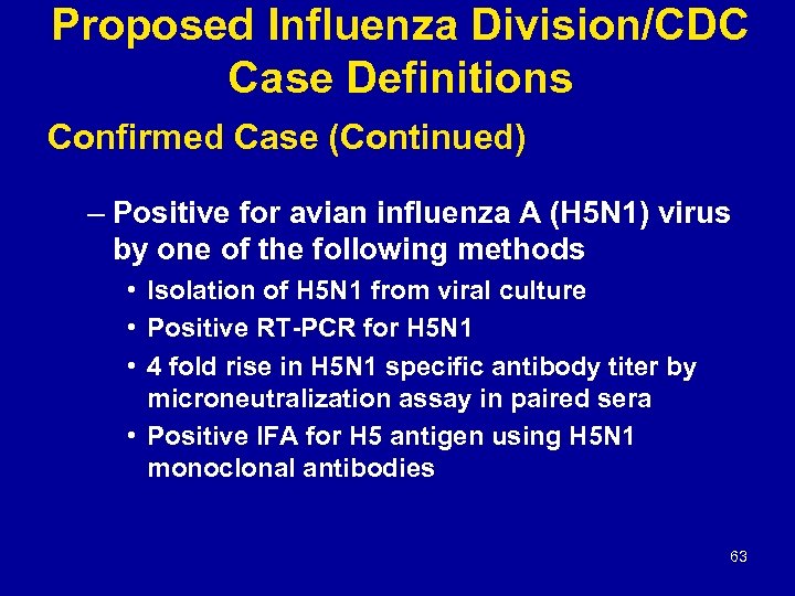 Proposed Influenza Division/CDC Case Definitions Confirmed Case (Continued) – Positive for avian influenza A