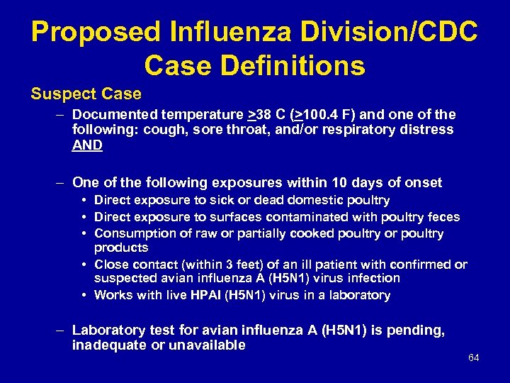 Proposed Influenza Division/CDC Case Definitions Suspect Case – Documented temperature >38 C (>100. 4