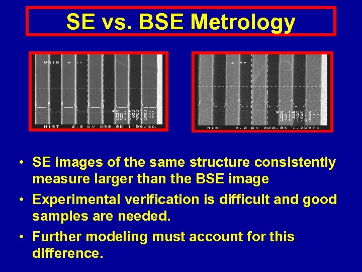 SE vs. BSE Metrology • SE images of the same structure consistently measure larger