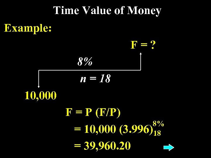 Time Value of Money Example: F=? 8% n = 18 10, 000 F =