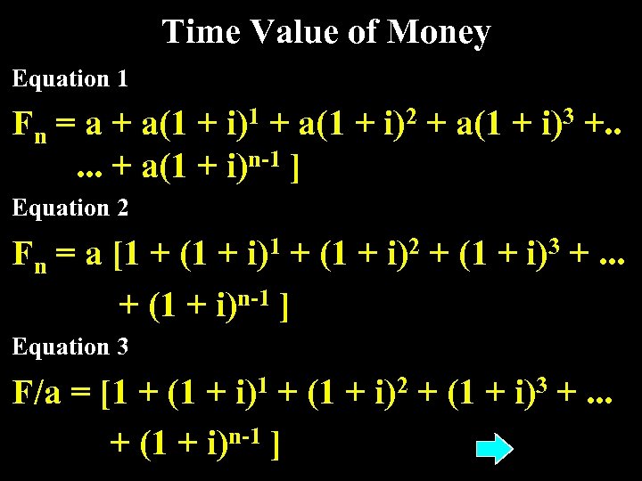 Time Value of Money Equation 1 Fn = a + a(1 + i)1 +