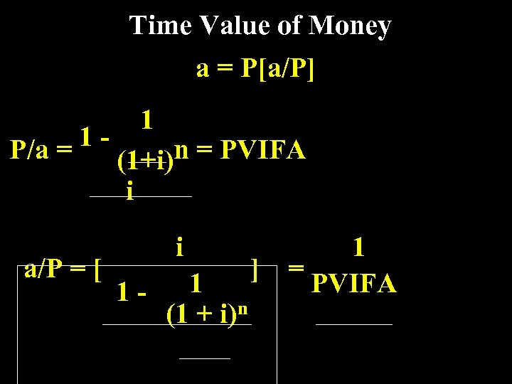 Time Value of Money a = P[a/P] 1 1 P/a = n = PVIFA