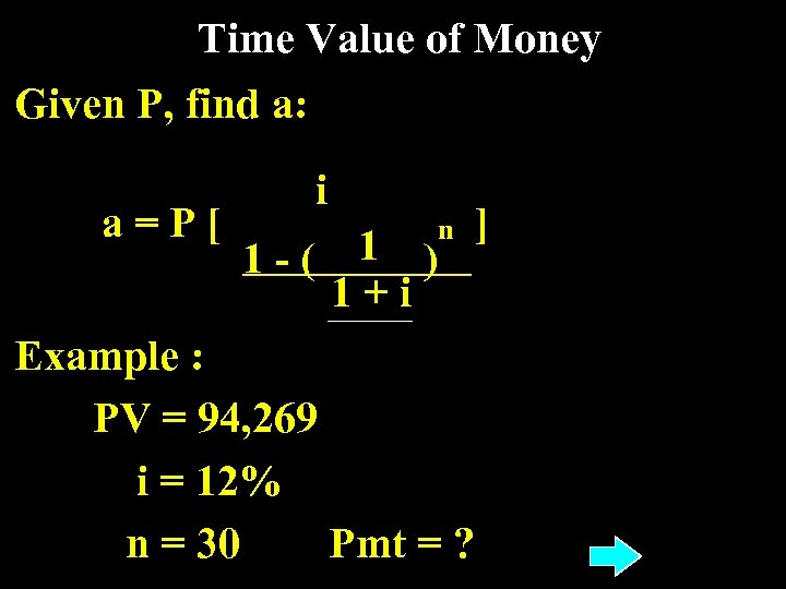 Time Value of Money Given P, find a: a=P[ i 1 -( 1 )