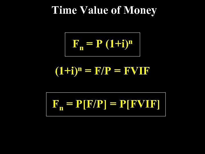 Time Value of Money Fn = P (1+i)n = F/P = FVIF Fn =