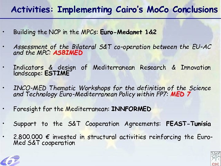 Activities: Implementing Cairo’s Mo. Co Conclusions • Building the NCP in the MPCs: Euro-Medanet