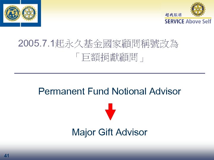 2005. 7. 1起永久基金國家顧問稱號改為 「巨額捐獻顧問」 Permanent Fund Notional Advisor Major Gift Advisor 41 