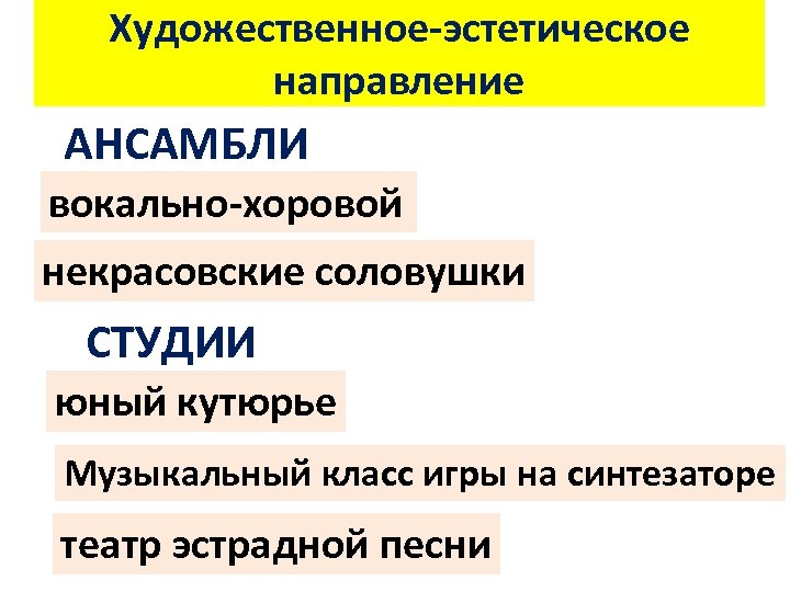 Художественное-эстетическое направление АНСАМБЛИ вокально-хоровой некрасовские соловушки СТУДИИ юный кутюрье Музыкальный класс игры на синтезаторе