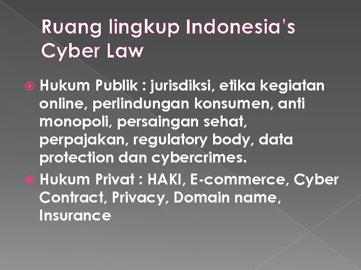 Ruang lingkup Indonesia’s Cyber Law Hukum Publik : jurisdiksi, etika kegiatan online, perlindungan konsumen,