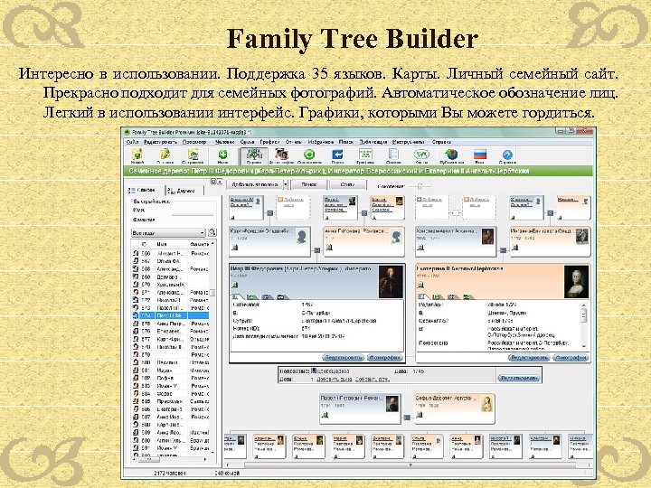 Family Tree Builder Интересно в использовании. Поддержка 35 языков. Карты. Личный семейный сайт. Прекрасно