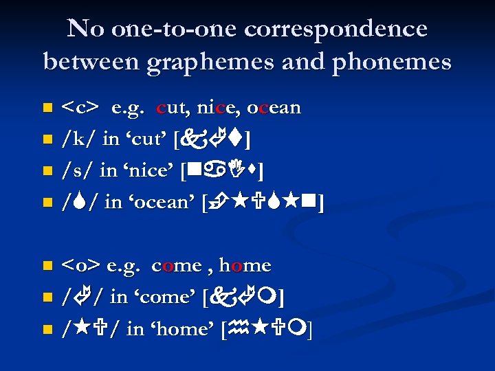 No one-to-one correspondence between graphemes and phonemes <c> e. g. cut, nice, ocean /k/