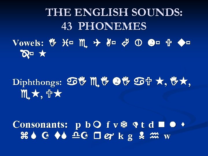 THE ENGLISH SOUNDS: 43 PHONEMES Vowels: Diphthongs: , , , Consonants: p b f