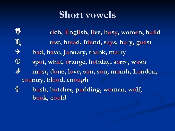 Short vowels rich, English, live, busy, women, build test, bread, friend, says, bury, guest