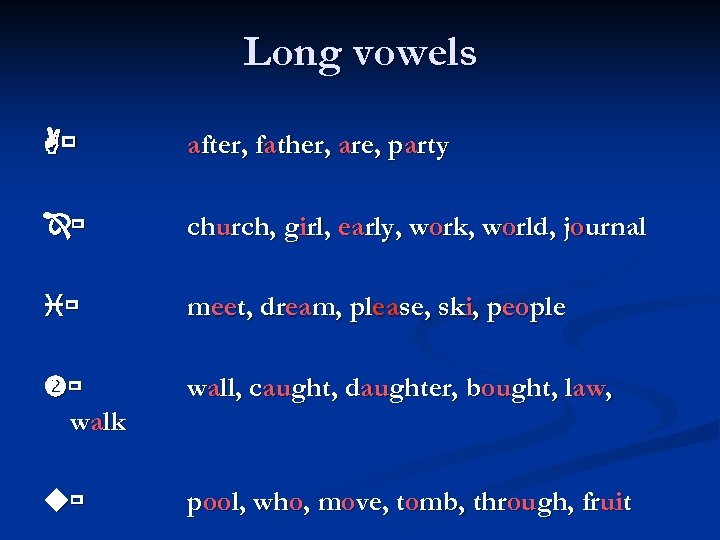 Long vowels after, father, are, party church, girl, early, work, world, journal meet, dream,