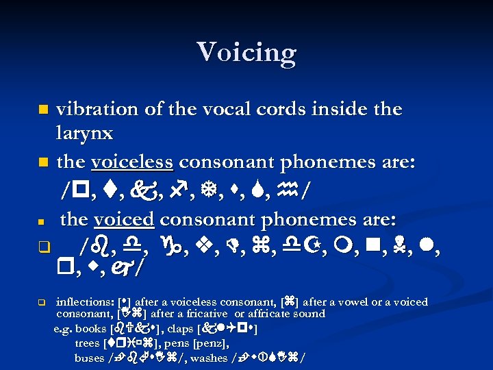 Voicing vibration of the vocal cords inside the larynx the voiceless consonant phonemes are: