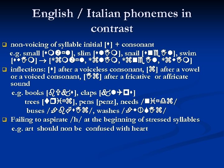 English / Italian phonemes in contrast q q q non-voicing of syllable initial [