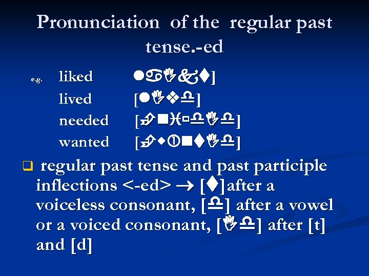 Pronunciation of the regular past tense. -ed e. g. q liked lived needed wanted